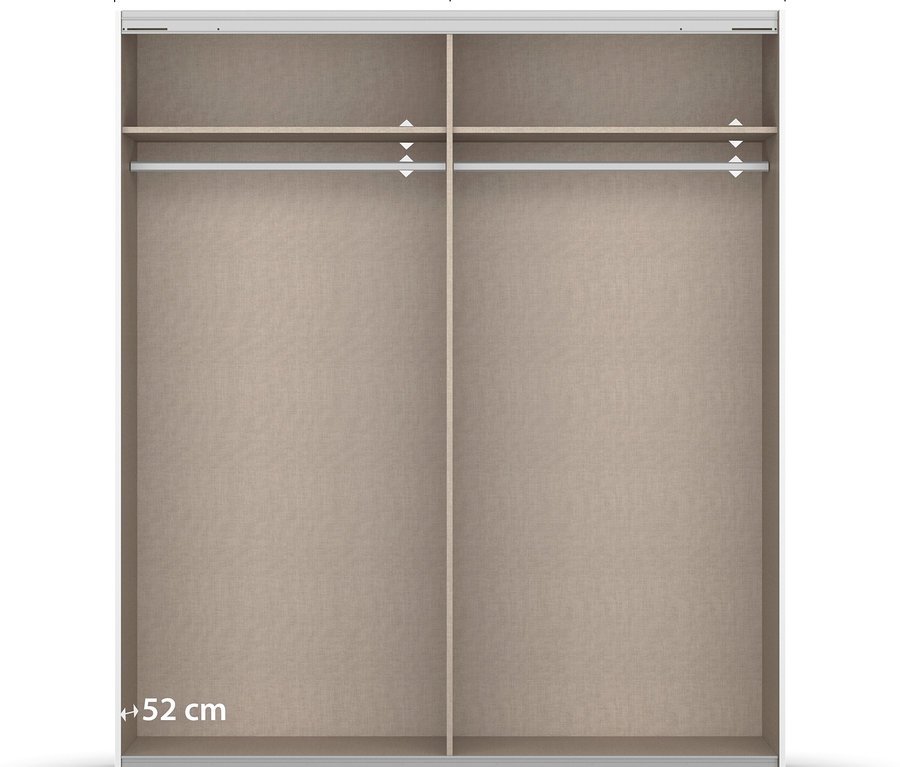 Innenansicht eines hellbraunen Kleiderschranks mit zwei Abteilen, jeweils 112,5 cm breit und 52 cm tief.