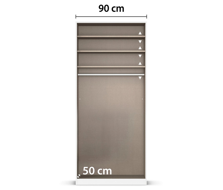 Schmaler, beiger Schrank mit fünf Regalen und einer Stange, Maße 90 x 50 cm.