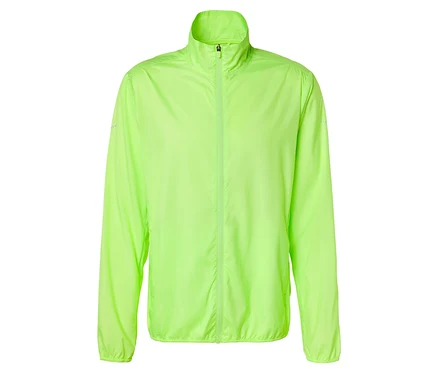 Neongrüne, lange Windjacke mit durchgehendem Reißverschluss und Stehkragen.