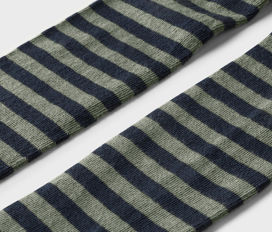 Nahaufnahme von zwei gestreiften Socken in Grün und Dunkelblau auf einem weißen Hintergrund.