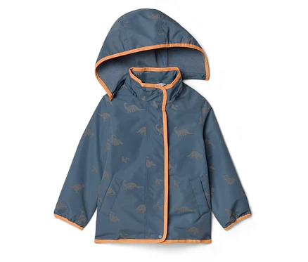 Blau-graue Kinderjacke mit Kapuze und Dinosaurier-Muster, orangefarbene Kanten.
