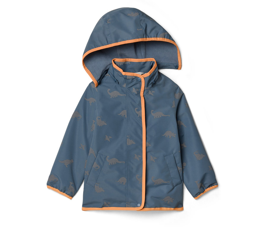 Blau-graue Kinderjacke mit Kapuze und Dinosaurier-Muster, orangefarbene Kanten.