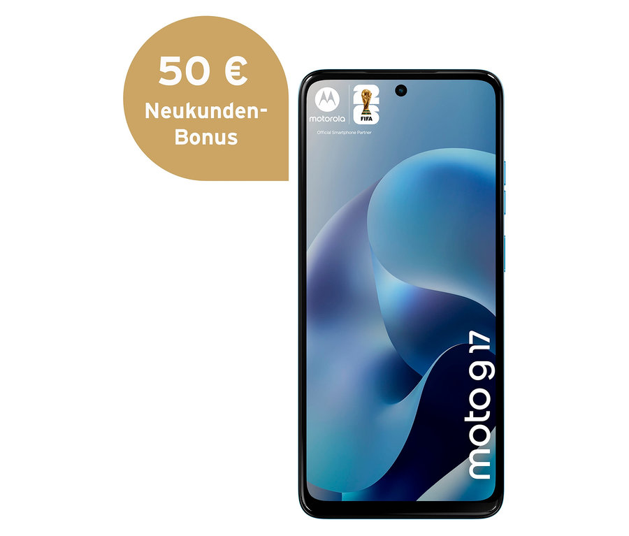 Das blaue Motorola moto g17 LTE 128GB mit abstraktem Hintergrund wird frontal gezeigt.