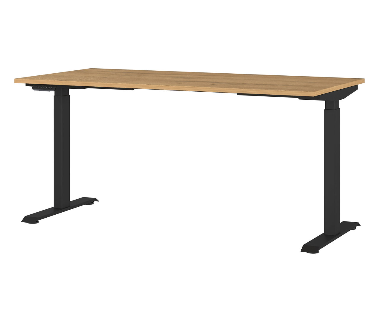 Freistehender, elektrisch höhenverstellbarer Schreibtisch, Breite ca. 160 cm, mit einer hellbraunen Tischplatte und einem schwarzen Gestell.