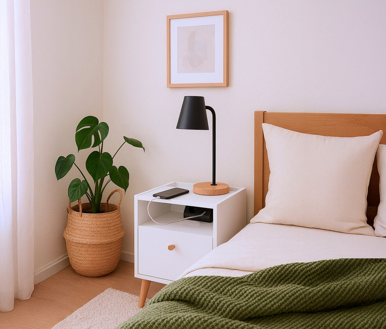 Pflanze und Lampe stehen auf einem weißen Nachttisch »Bjarne« mit Ladefunktion.