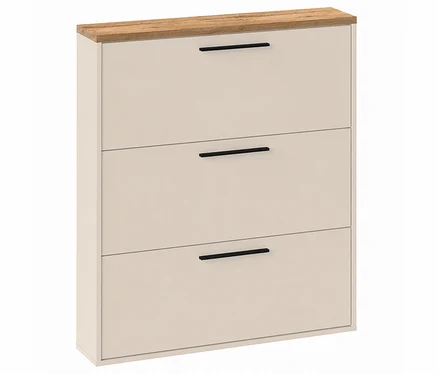 Beigefarbener Schuhschrank mit drei Klappen und schwarzen Griffen, oben mit einer hellen Holzplatte.