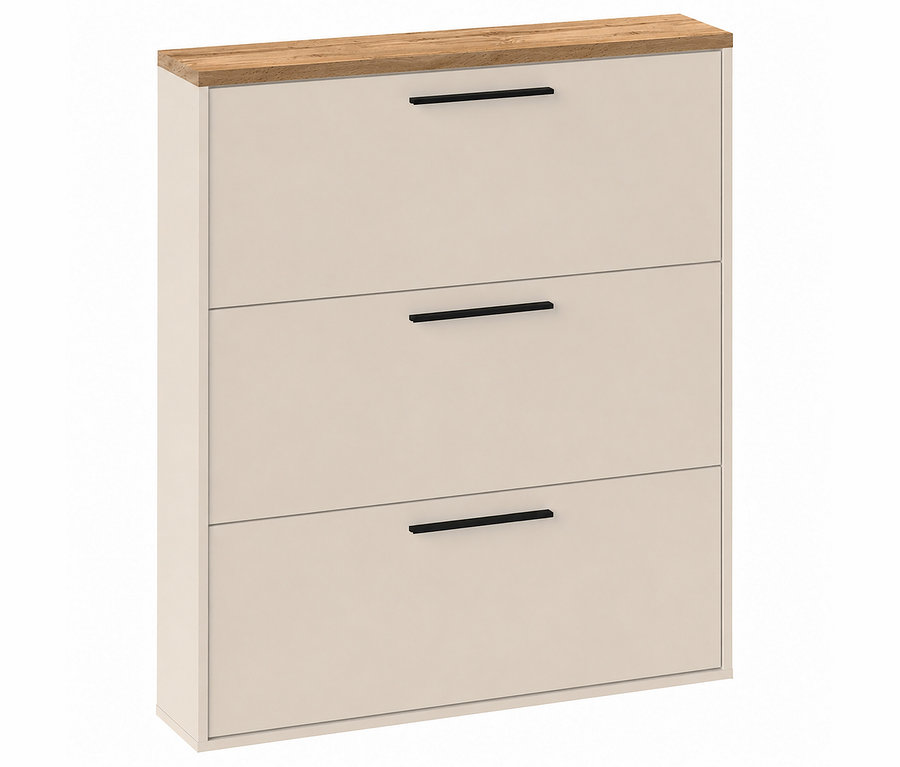 Beigefarbener Schuhschrank mit drei Klappen und schwarzen Griffen, oben mit einer hellen Holzplatte.