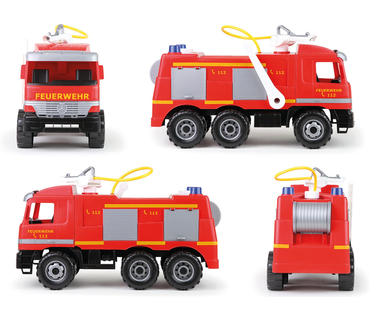 Vier Ansichten des roten Spielzeug-Feuerwehrautos GIGA TRUCKS Feuerwehr »Actros« mit gelbem Schlauch, grauen Fächern und der Aufschrift „FEUERWEHR“ und „112“.