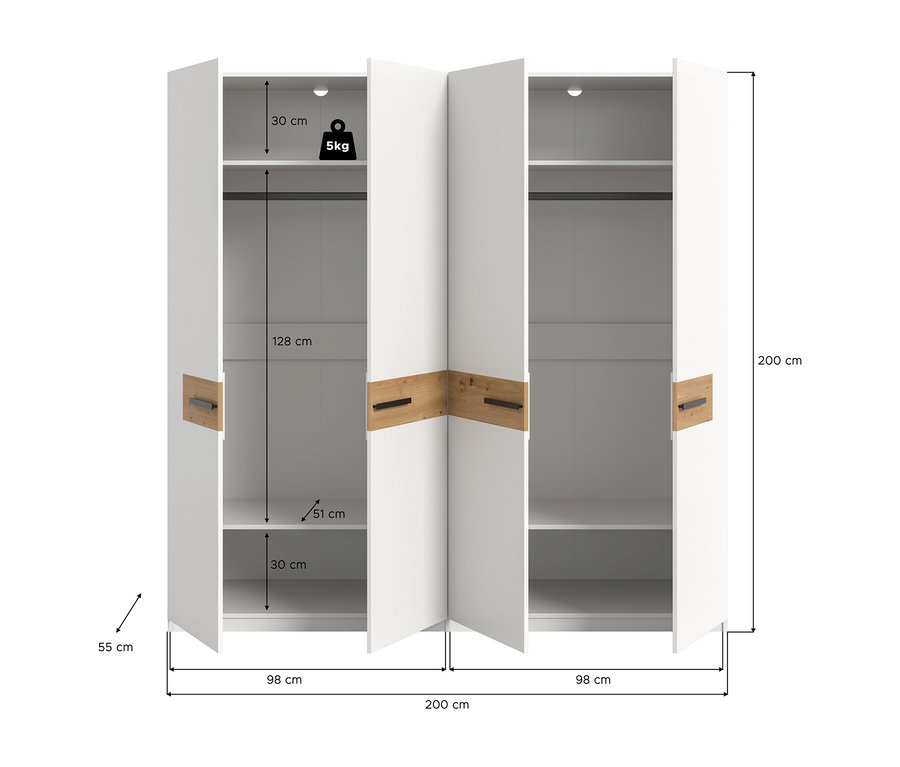 Weißer xonox Kleiderschrank »Skagen« mit vier Türen und Holzgriffen, innen mit Regalböden und Kleiderstangen. Maße: 200 cm hoch, 200 cm breit, 55 cm tief. Obere Ablage bis 5 kg belastbar.
