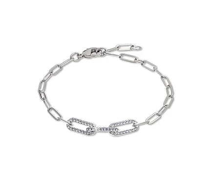 Silbernes Armband mit rechteckigen Gliedern, zwei davon mit Steinen verziert.