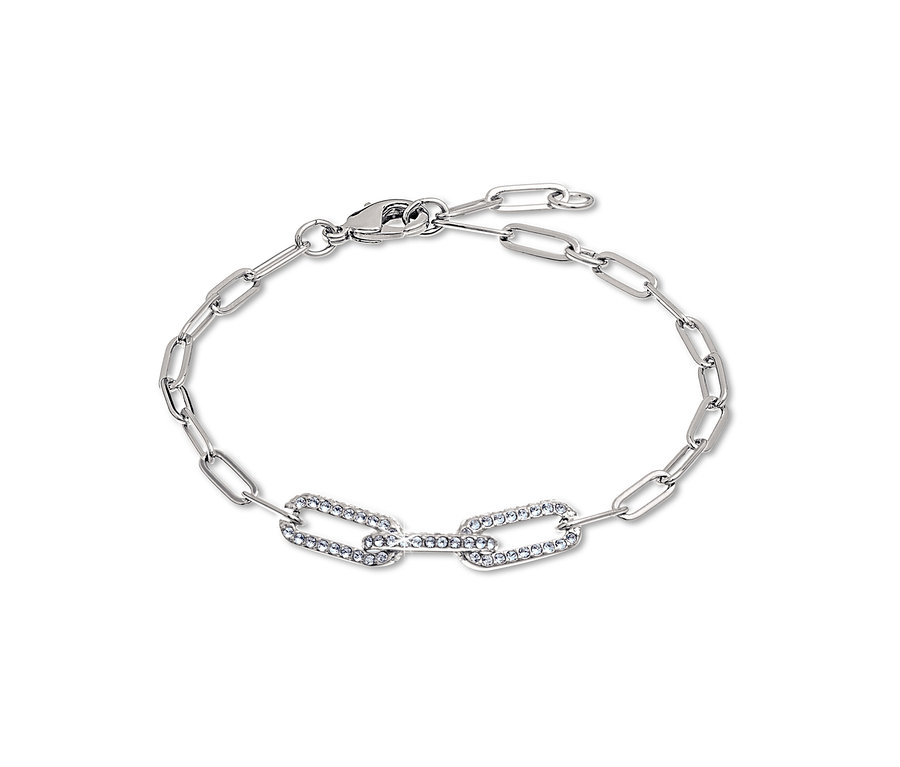 Silbernes Armband mit rechteckigen Gliedern, zwei davon mit Steinen verziert.