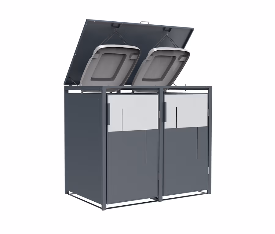 Grauer Mülltonnencontainer mit geöffnetem Deckel.