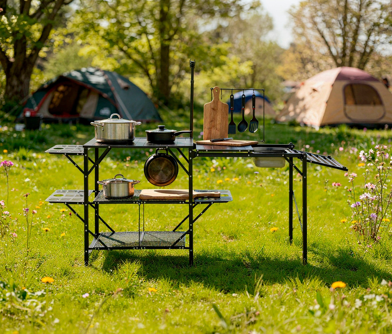 Faltbare Campingküche "Elmwood" mit Töpfen und Utensilien auf einer Wiese vor Zelten.