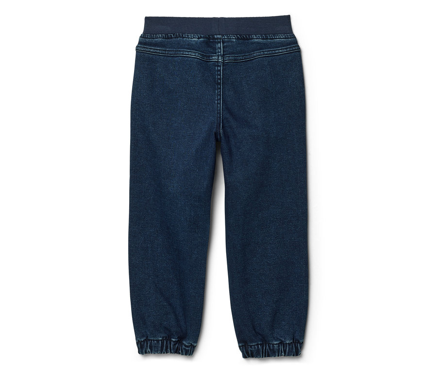 Dunkelblaue Jeans-Jogginghose von hinten mit geripptem Bund und Bündchen.