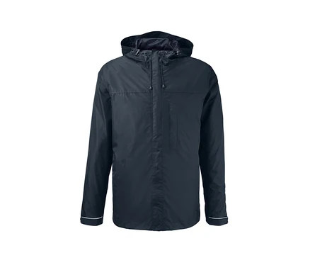 Eine dunkelblaue Regenjacke mit Kapuze.