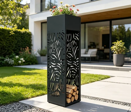 Schwarzes, rechteckiges Outdoor-Pflanzgefäß mit Blattausschnitten, oben rosa-weiße Blumen, unten Brennholz, auf einer Terrasse neben Rasen.