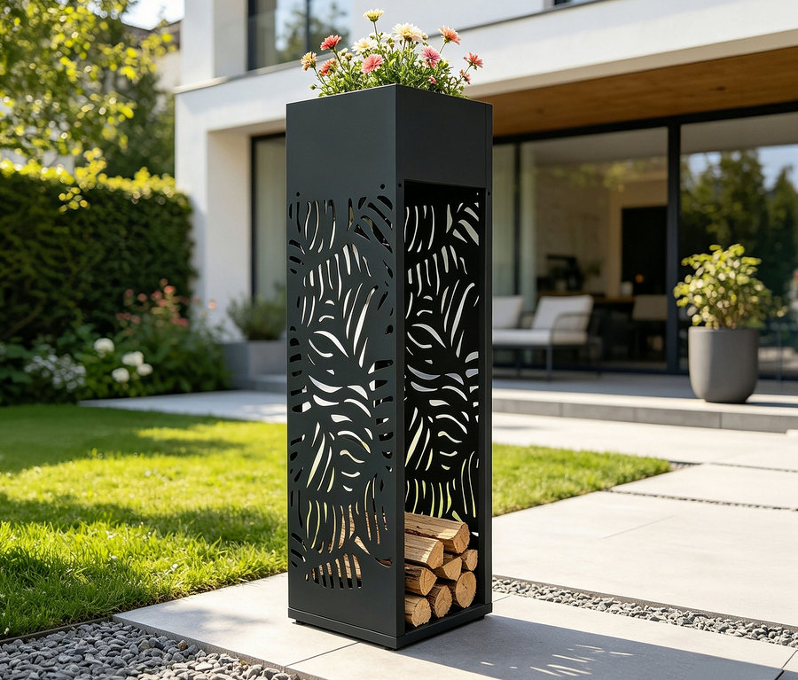 Schwarzes, rechteckiges Outdoor-Pflanzgefäß mit Blattausschnitten, oben rosa-weiße Blumen, unten Brennholz, auf einer Terrasse neben Rasen.