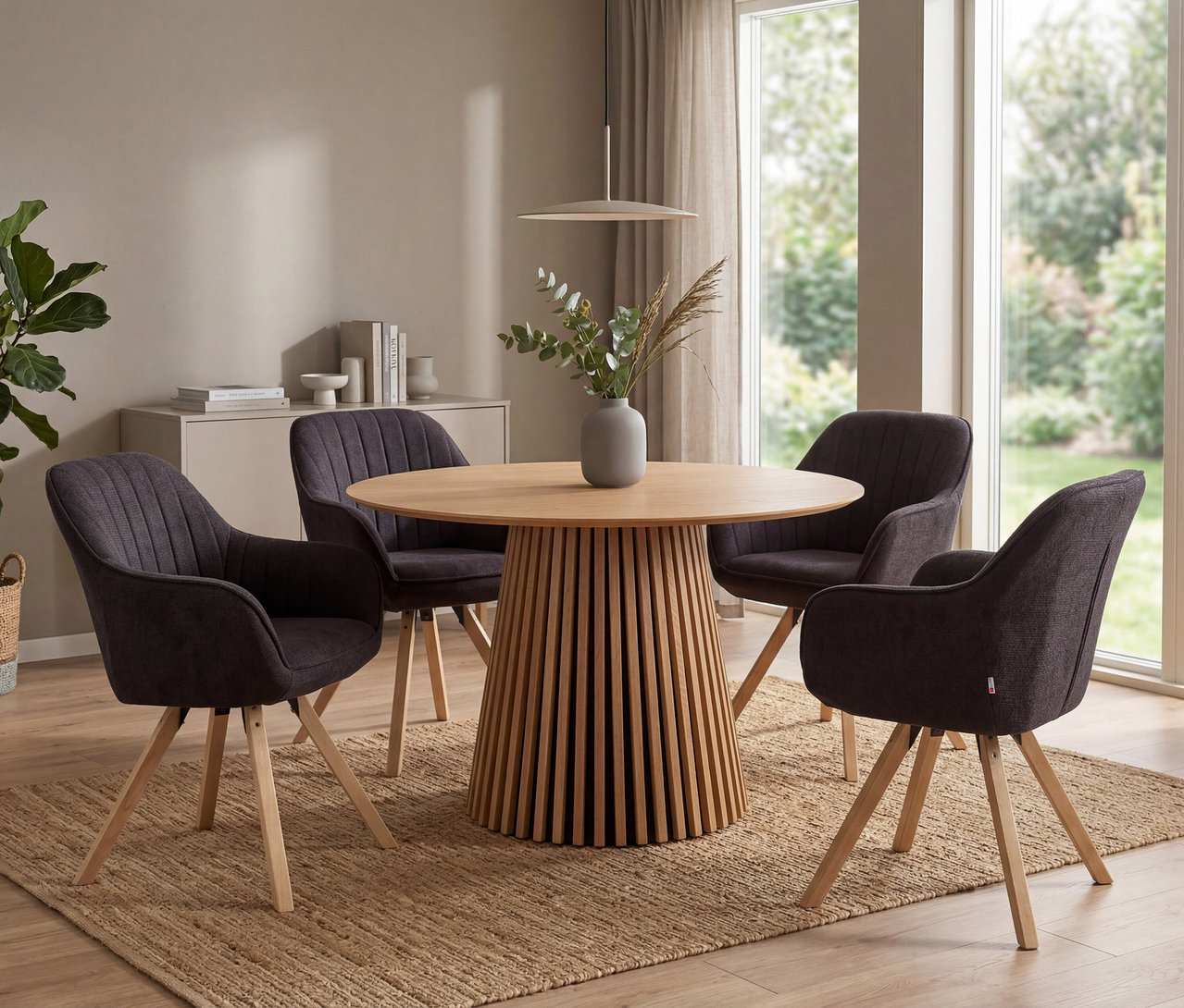 Runder Holztisch mit vier dunkelgrauen deVries Diningsessel »Matera« mit Holzbeinen auf einem Teppich. Auf dem Tisch steht eine Vase mit Pflanzen.