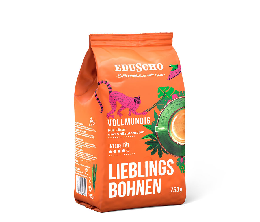 Orangefarbene Packung Eduscho Lieblingsbohnen Vollmundig - 750 g Ganze Bohne.