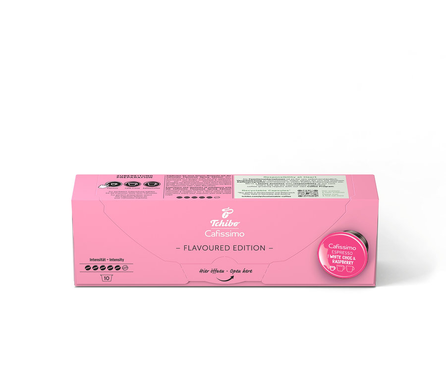 Eine Packung Cafissimo Flavoured Espresso - White Choc & Raspberry - 10 Kapseln.