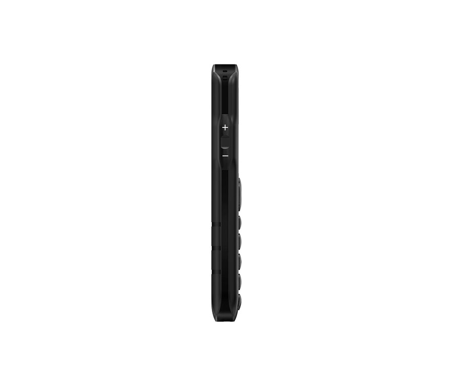 Detailaufnahme eines schwarzen Mobiltelefons mit Tasten an der Seite. Seitlich ist das Bea-fon SL230 LTE schwarz zu sehen.