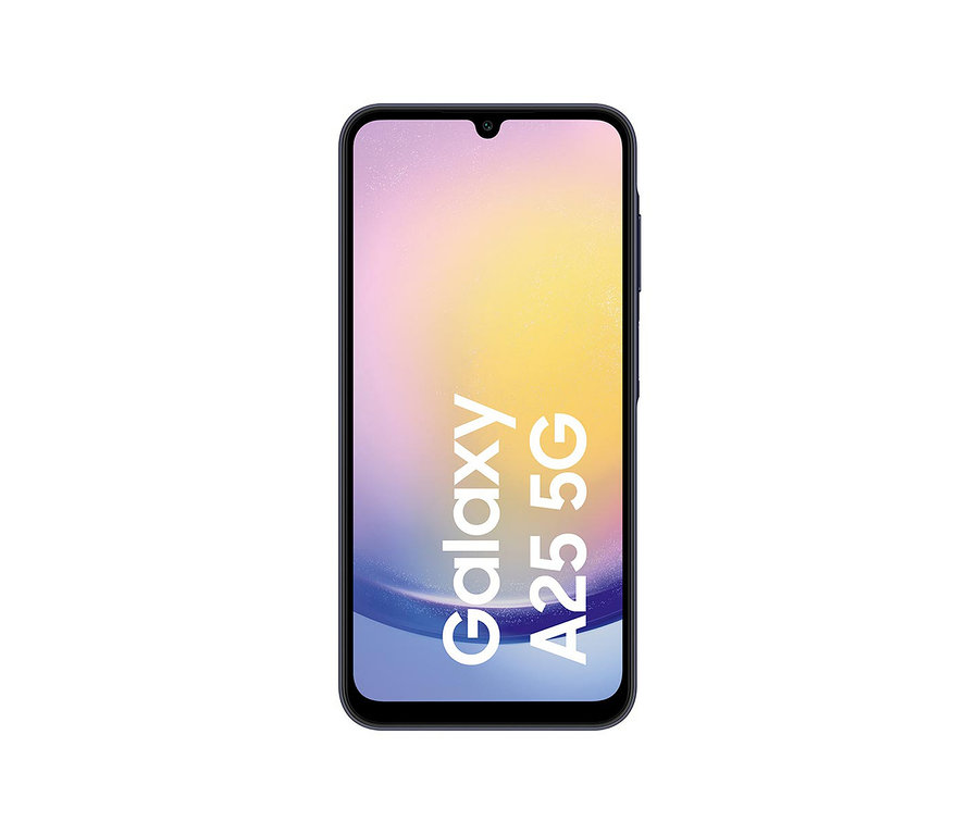 Frontansicht eines blau-schwarzen Samsung Galaxy A25 5G Smartphones.