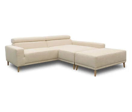 DOMO Eck-Schlafsofa »Malmö« in Creme mit Longchair rechts und Hocker, auf holzfarbenen Füßen.