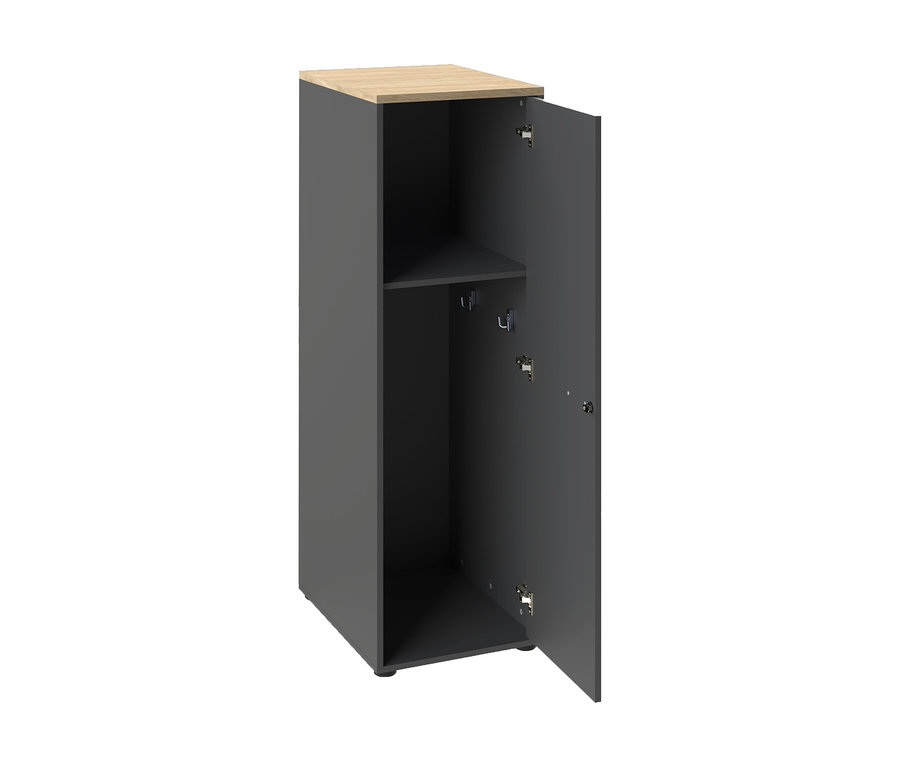 Anthrazitfarbener Mehrzweckschrank »Solea« mit heller Holzplatte und offener Tür, die ein Regal und einen Haken im Inneren zeigt.