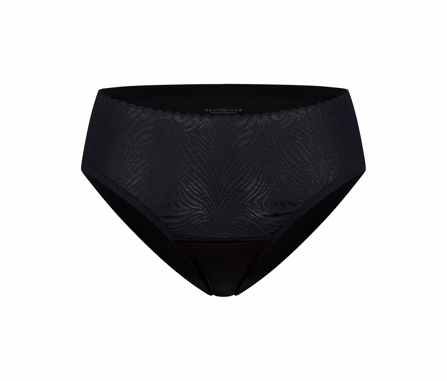 Schwarzer SCHIESSER Rio Slip mit Spitze und einem dezenten Blattmuster.
