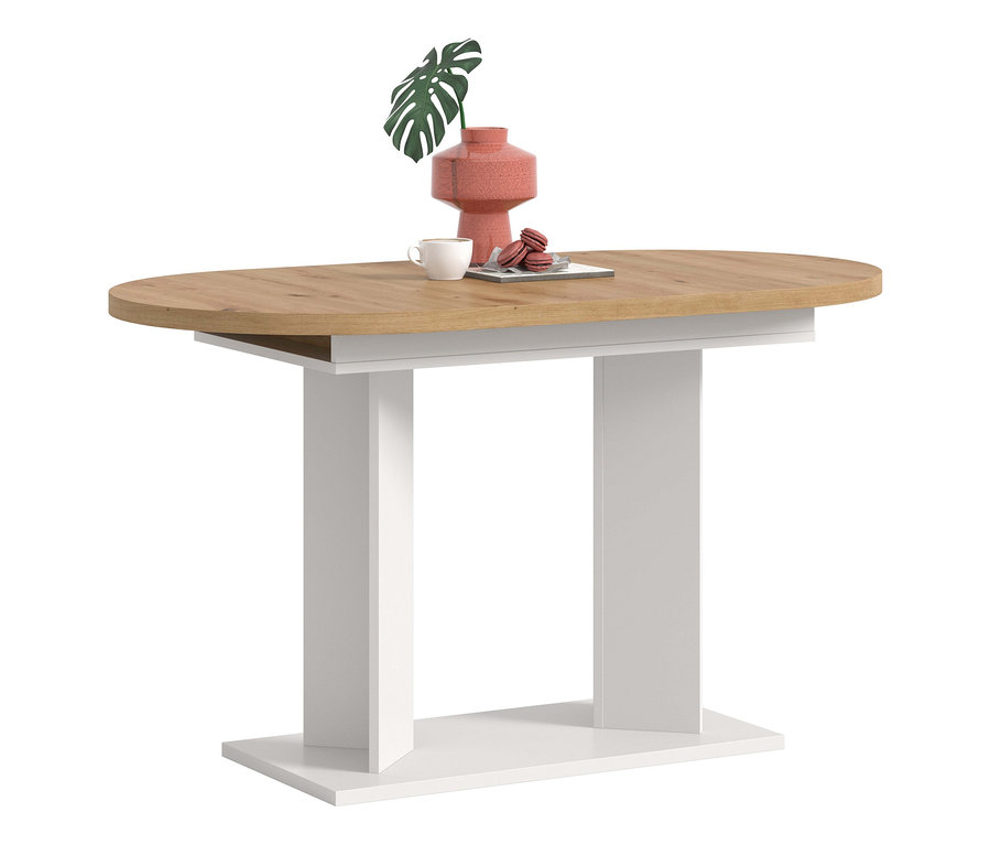 Ovale xonox Esstisch »Victor« mit heller Holzplatte und weißem Sockel. Darauf stehen eine pinke Vase mit Monstera-Blatt, eine Tasse und pinke Macarons.