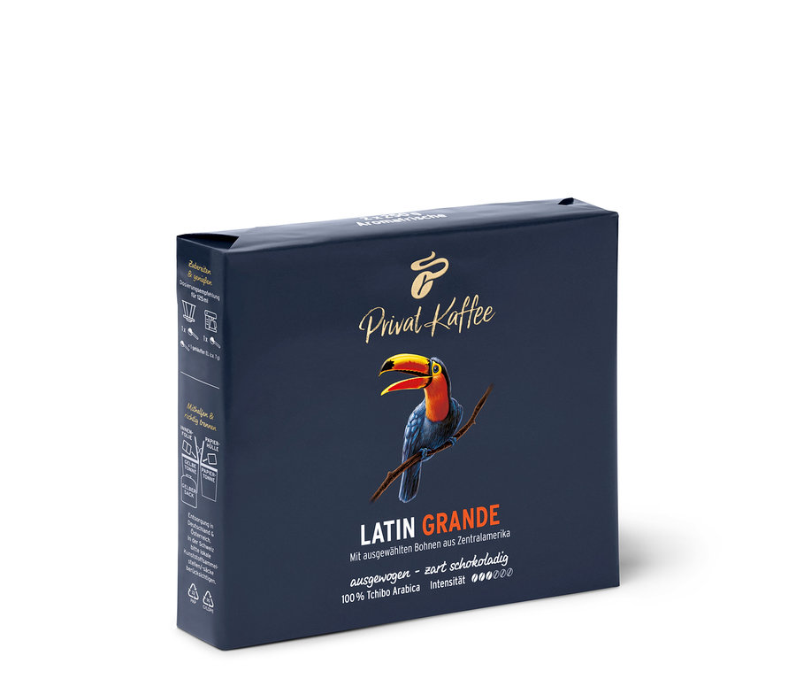 Eine Packung Privat Kaffee Latin Grande, auf der ein Tukan abgebildet ist.