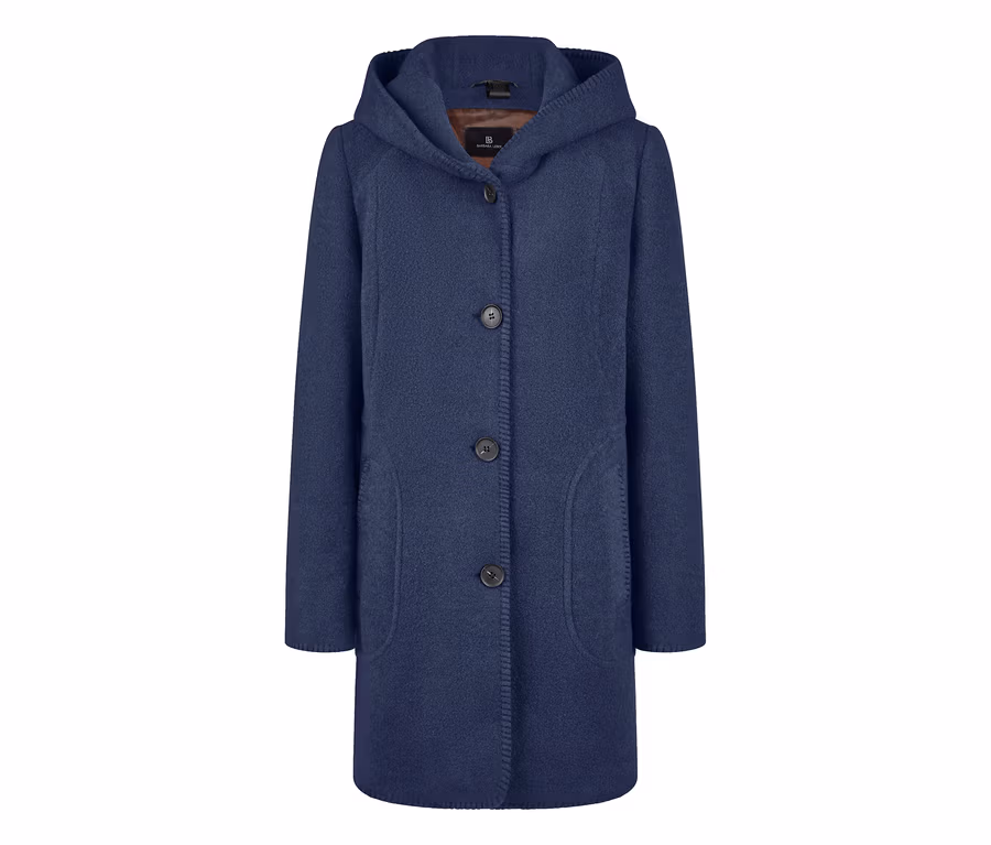 Blauer Barbara Lebek Wollmantel mit Kapuze, Knopfleiste und Taschen.