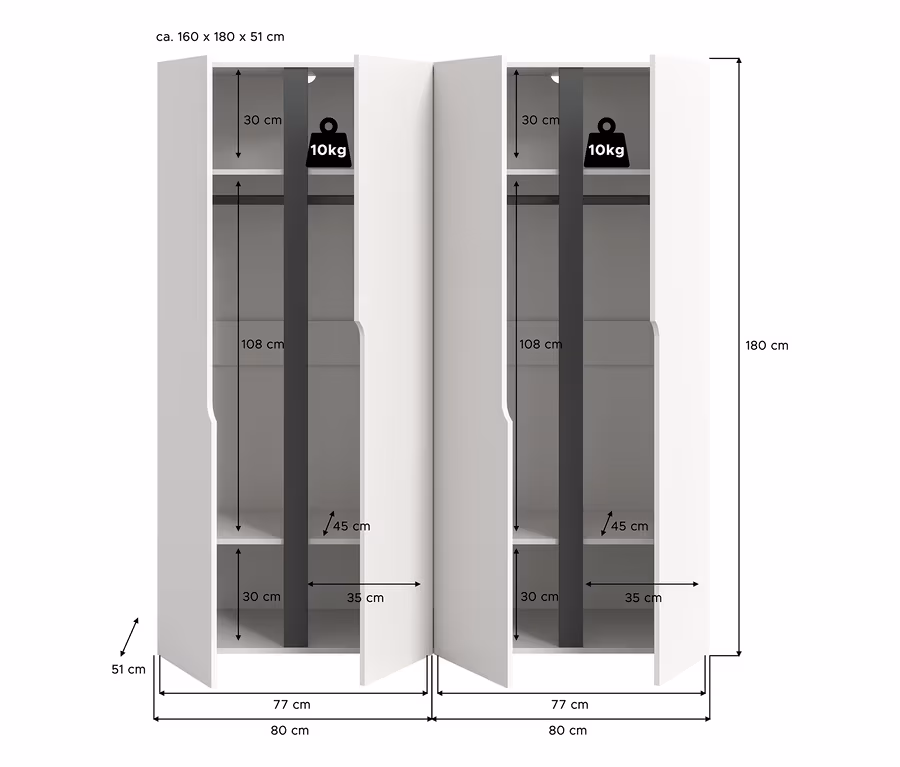 Weißer xonox Kleiderschrank Saga, 4-türig, mit zwei Abteilen, die jeweils ein oberes Regal, eine Kleiderstange und ein unteres Regal enthalten. Gesamtmaße 160x180x51 cm, obere Ablage mit 10 kg Tragkraft.