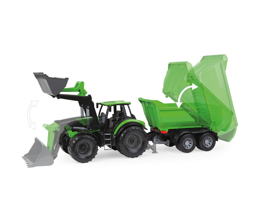 Ein schwarzer und grüner WORXX Traktor Deutz-Fahr Agrotron mit Frontlader und einem grünen Kippanhänger. Frontlader und Anhänger sind in Bewegung dargestellt.