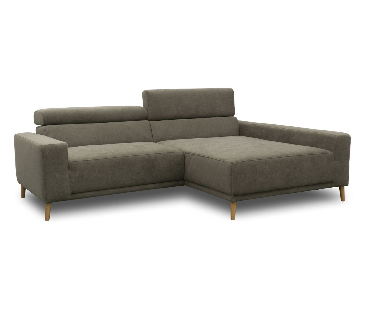 Graues DOMO Sofa »Malmö« mit Longchair rechts, Kopfteilverstellung und Holzfüßen.