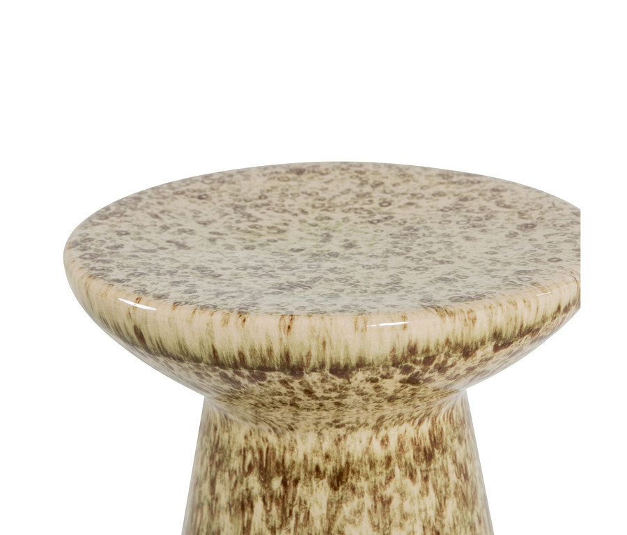 Keramikhocker oder Beistelltisch mit runder, flacher Platte und zylindrischem Fuß, mit gesprenkelter beige-braun-grüner Glasur.