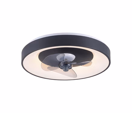 Runder Deckenventilator mit integrierter Beleuchtung. Er hat einen schwarzen Außenring und einen weißen, leuchtenden Innenring. In der Mitte befindet sich ein kleiner Ventilator mit drei transparenten Flügeln.