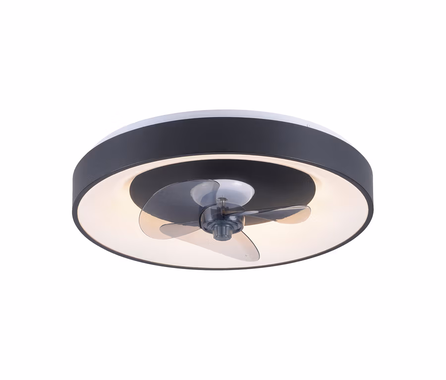 Runder Deckenventilator mit integrierter Beleuchtung. Er hat einen schwarzen Außenring und einen weißen, leuchtenden Innenring. In der Mitte befindet sich ein kleiner Ventilator mit drei transparenten Flügeln.
