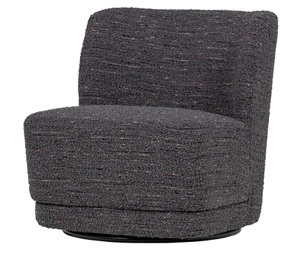 Dunkelgrauer Sessel mit niedriger Rückenlehne und drehbarem Fuß, bezogen mit einem Bouclé-Stoff mit braunen und beigen Sprenkeln.