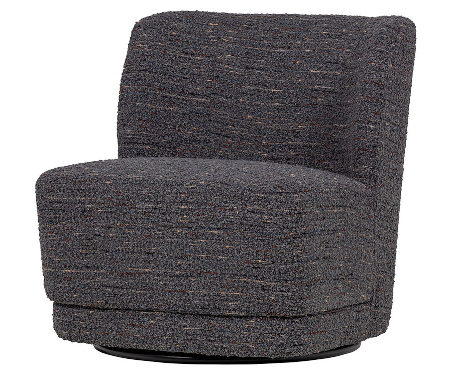Dunkelgrauer Sessel mit niedriger Rückenlehne und drehbarem Fuß, bezogen mit einem Bouclé-Stoff mit braunen und beigen Sprenkeln.