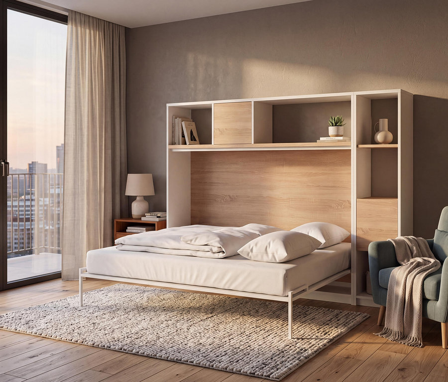 Modernes Schlafzimmer mit ausgeklapptem Roba Wandklappbett »Verso«, weißer Bettwäsche, Regal, Fenster mit Stadtblick, Nachttisch mit Lampe und Sessel mit Decke.