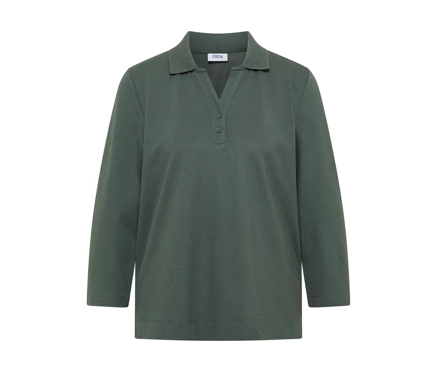 Grünes CECIL 3/4-Poloshirt mit klassischem Kragen und zwei Knöpfen am V-Ausschnitt.