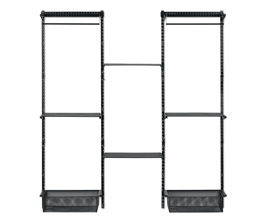 Schwarzes Wand-Regalsystem mit Regalböden und Drahtkörben.