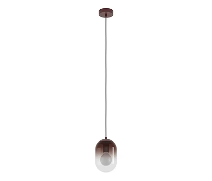 Hängende Pendelleuchte mit einer runden, dunkelroten Deckenhalterung, einem schwarzen Kabel und einem länglichen, kapselförmigen Glasschirm, der von Dunkelrot zu Transparent verläuft und eine Glühbirne zeigt.
