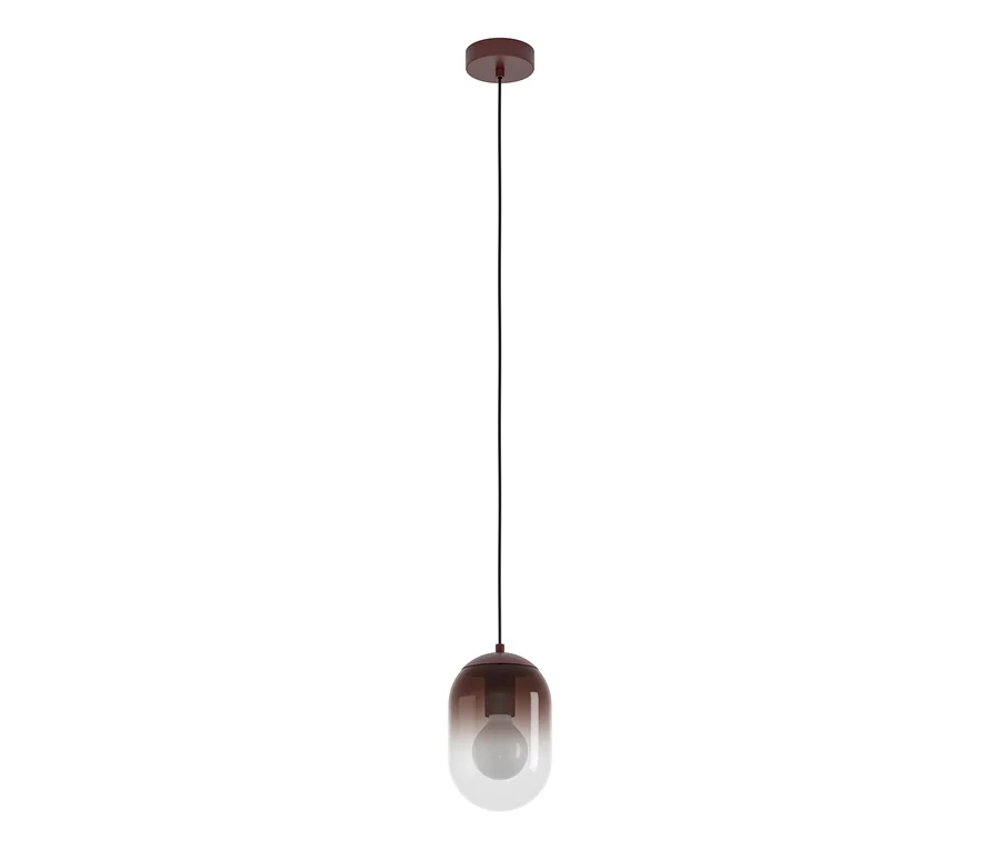 Hängende Pendelleuchte mit einer runden, dunkelroten Deckenhalterung, einem schwarzen Kabel und einem länglichen, kapselförmigen Glasschirm, der von Dunkelrot zu Transparent verläuft und eine Glühbirne zeigt.