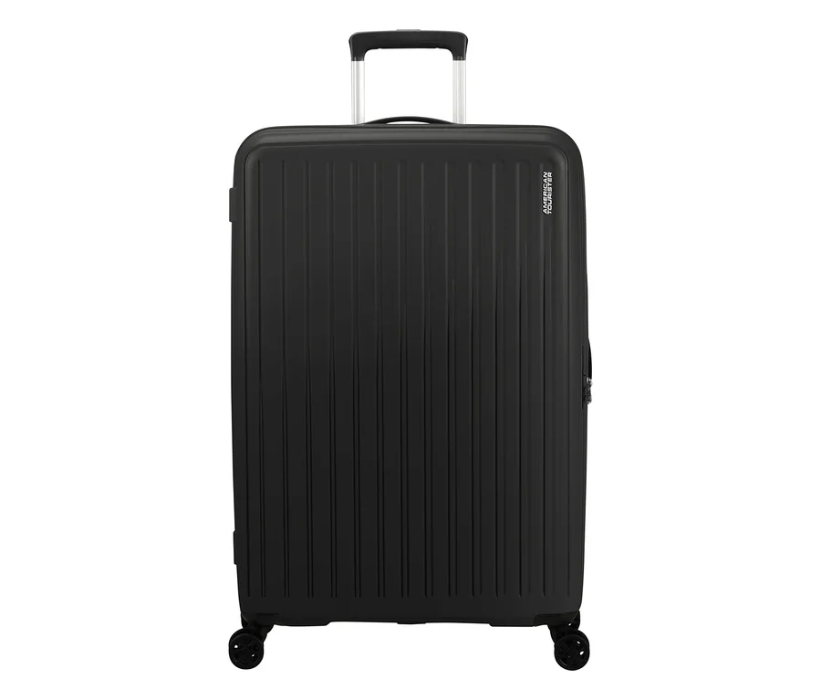 Großer, schwarzer American Tourister Rejoy Spinner Koffer mit Teleskopgriff und vertikalen Rillen.