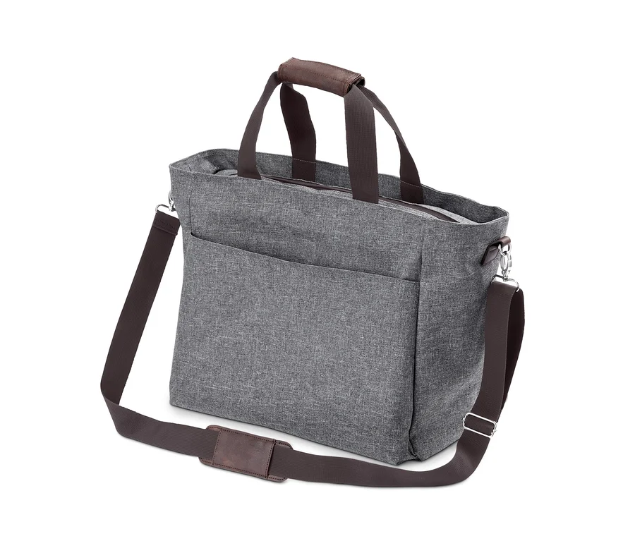 Graue Einkaufs-Kühltasche mit braunen Griffen und Schultergurt.