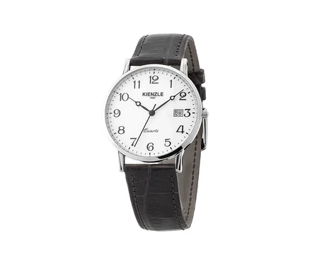 Nahaufnahme einer silberfarbenen Kienzle Uhr »Meister Klassik« mit schwarzem Lederarmband.
