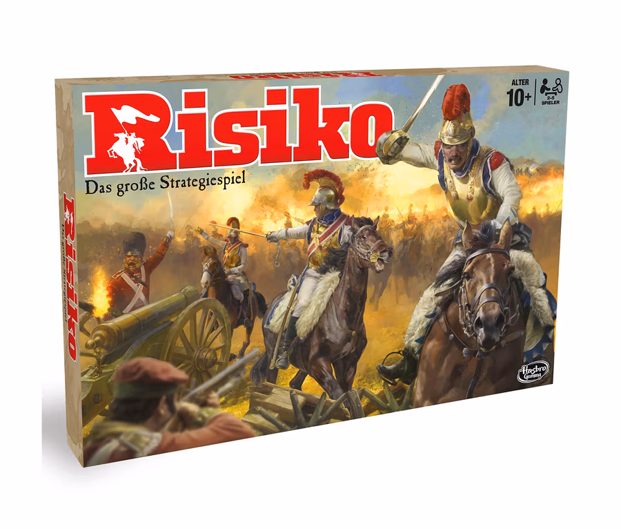 Verpackung des Brettspiels Hasbro Risiko mit einer Illustration einer Schlacht.