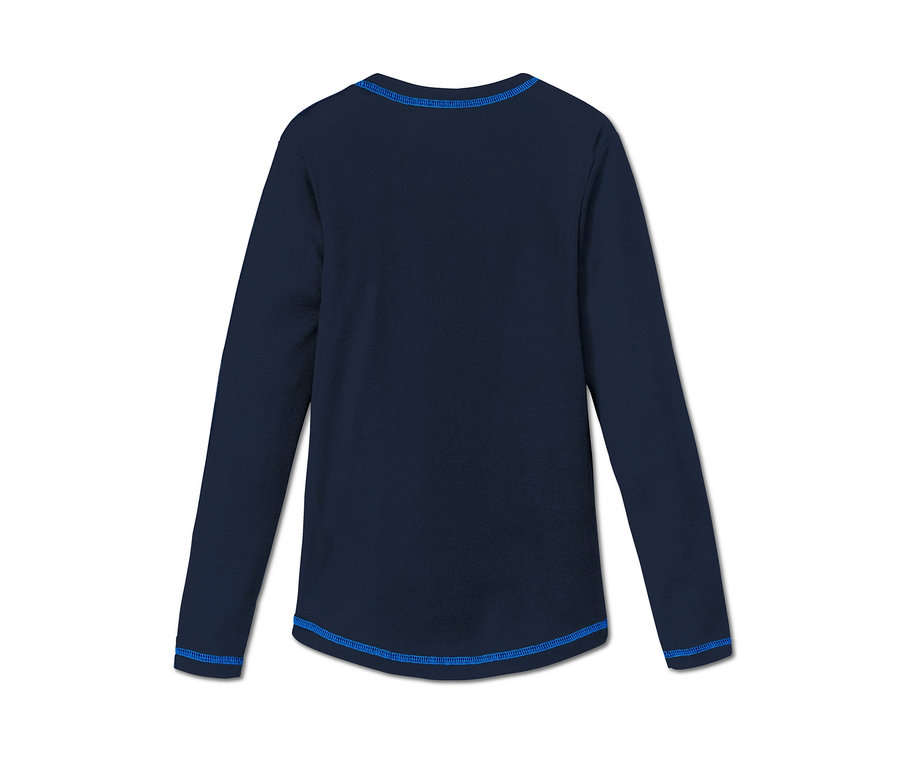 Dunkelblaue Funktionsunterwäsche mit langen Ärmeln und blauen Säumen.